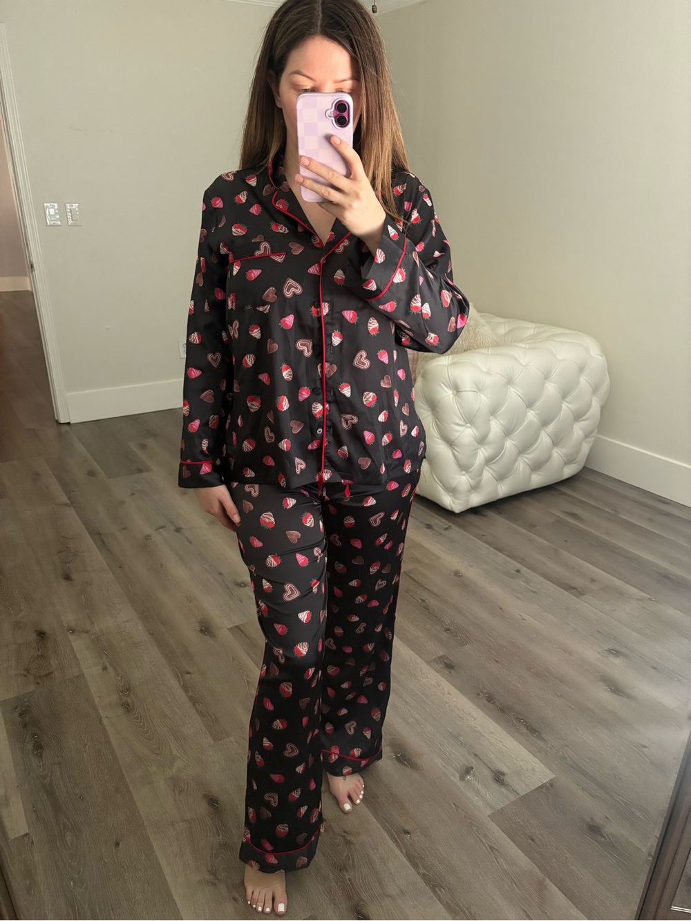Black Heart-Print Satin Pajama Set - Pink & Red Hearts